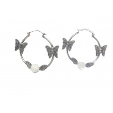 Earrings Silver 925 Sterling Hoop Butterfly Women Black Marcasite Stones B274